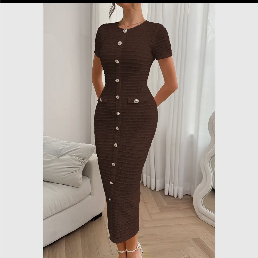 0986. Elegant Brown Faux Button-Down Dress